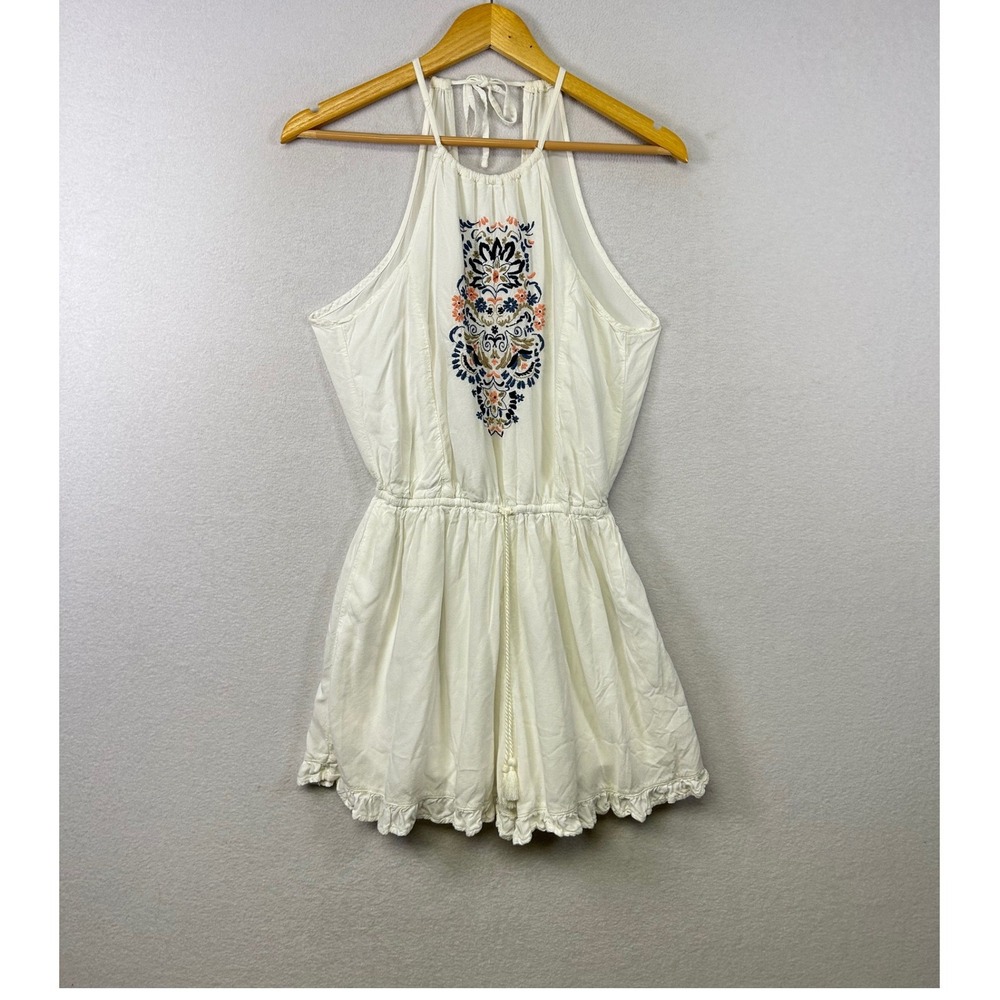 Hollister Embroidered Halter Romper Womens Medium White Excellent Boho Tassel
